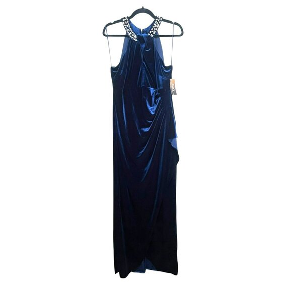 SLNY Womens Imperial Blue Velvet Gown Embellished Halter Sz 12 NWT - Picture 4 of 7